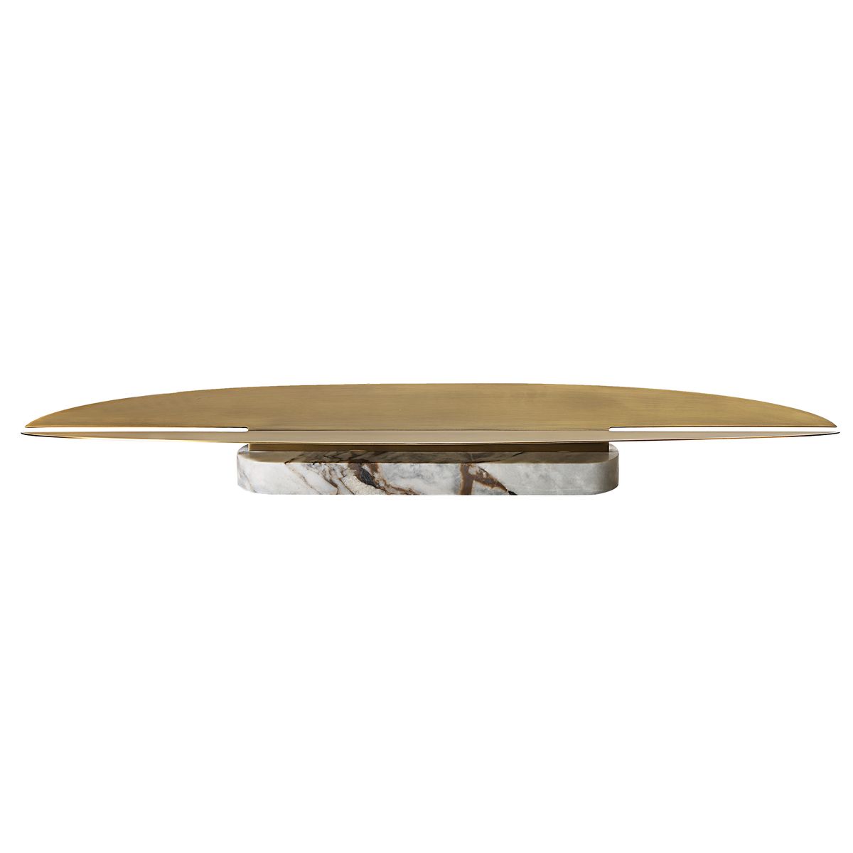 Linea Arc Vessel with matte brass top and honed marble base, styled as a sculptural centerpiece on a modern console.