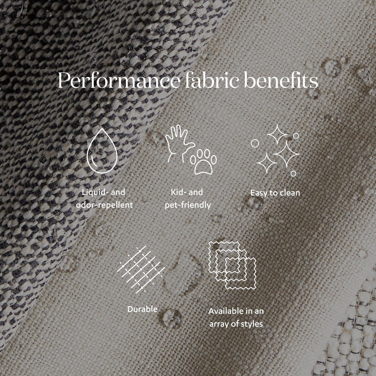 Textile with performance fabric benefits listed