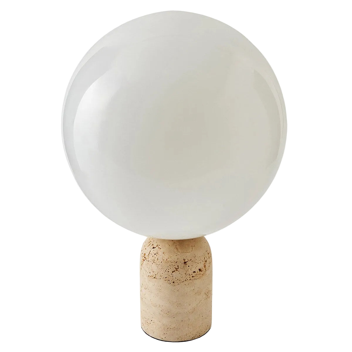 Luna Travertine Table Lamp detail — travertine base and brass-plated accents, by Rachel Blindauer