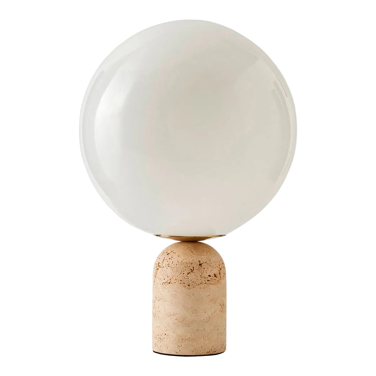 Luna Travertine Table Lamp — frosted glass globe on natural travertine base with brass accents, by Rachel Blindauer