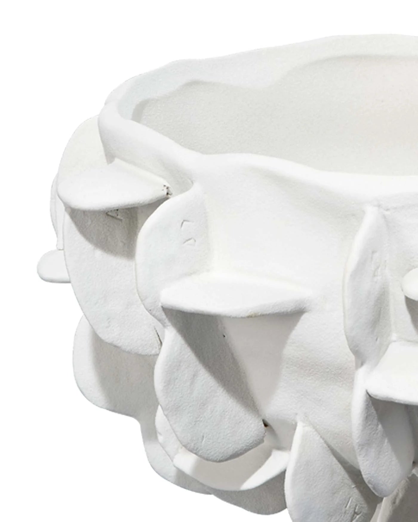 Hand-applied white ceramic paillette bowl with sculptural texture and couture-inspired design