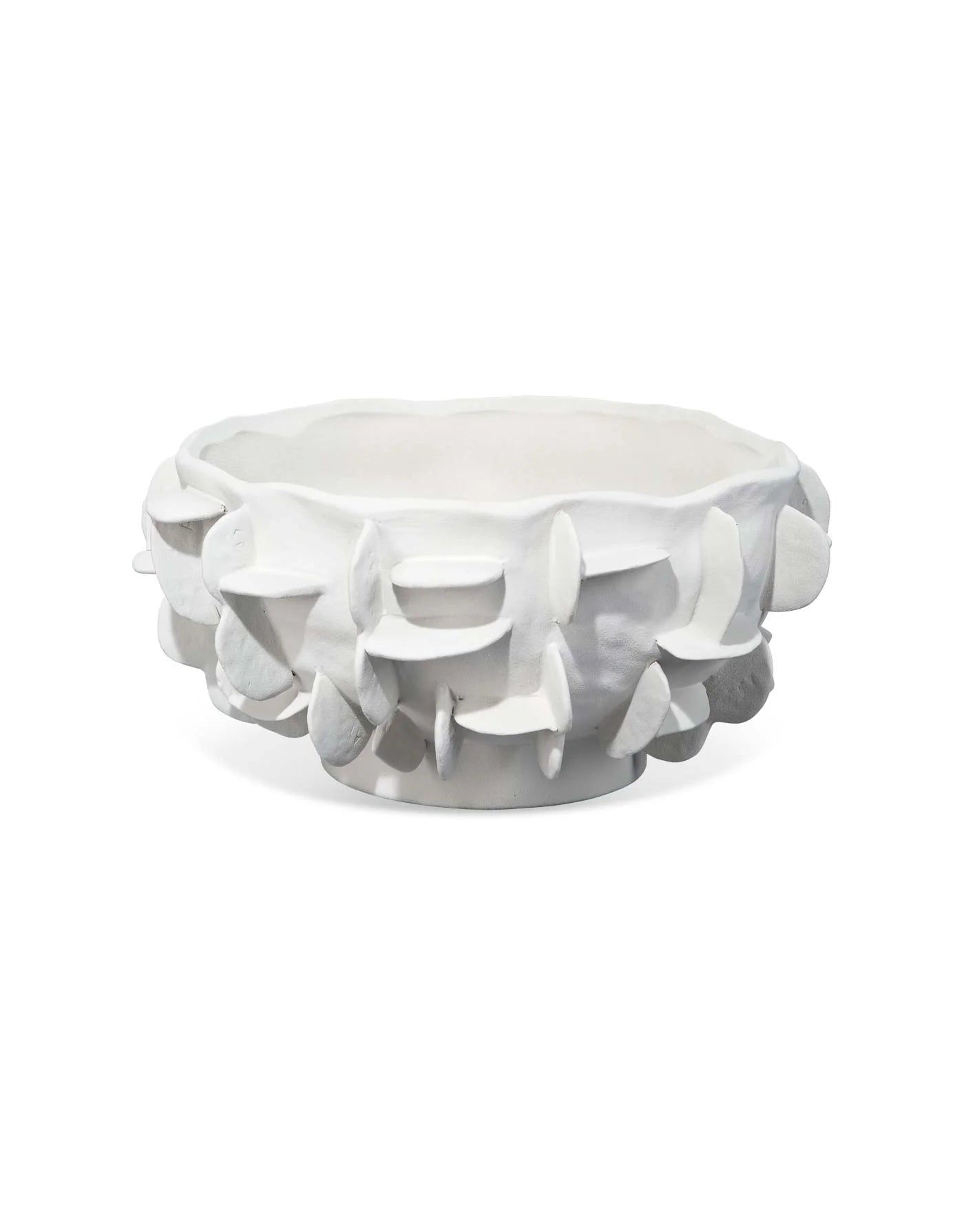 Hand-applied white ceramic paillette bowl with sculptural texture and couture-inspired design