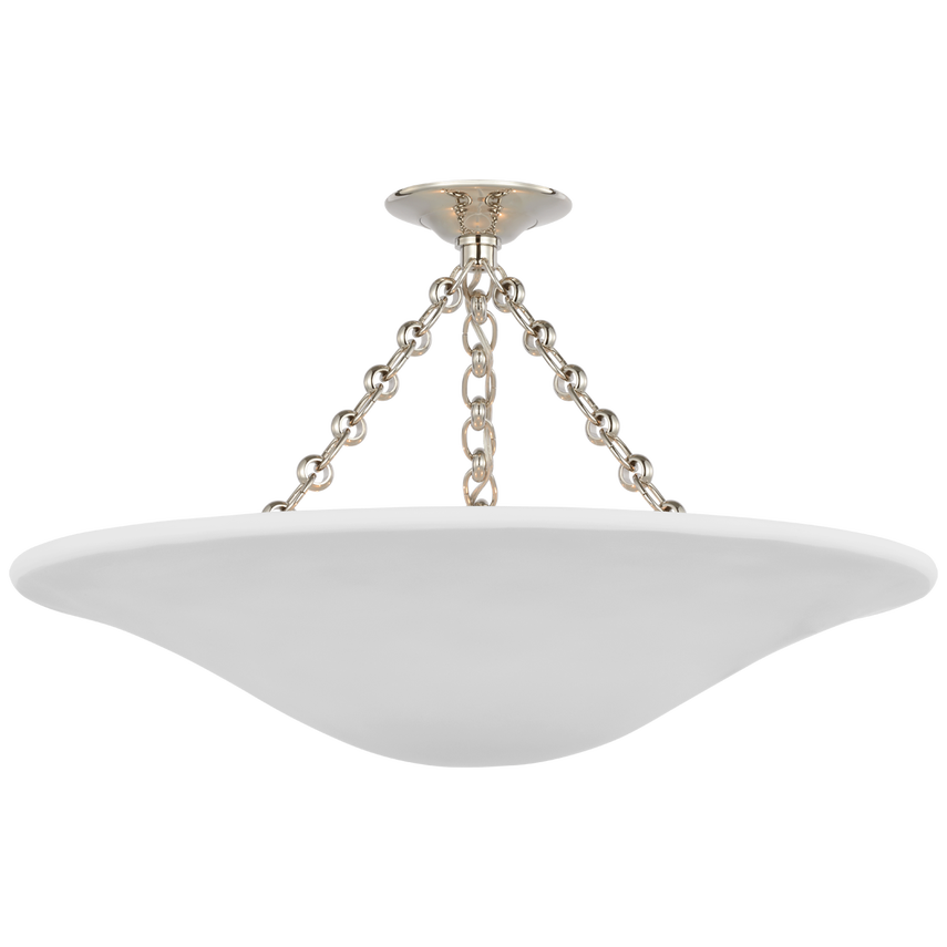 Large sculptural semi-flush ceiling light in aged iron with origami-inspired panels and candelabra bulbs, ideal for bedrooms or foyers.