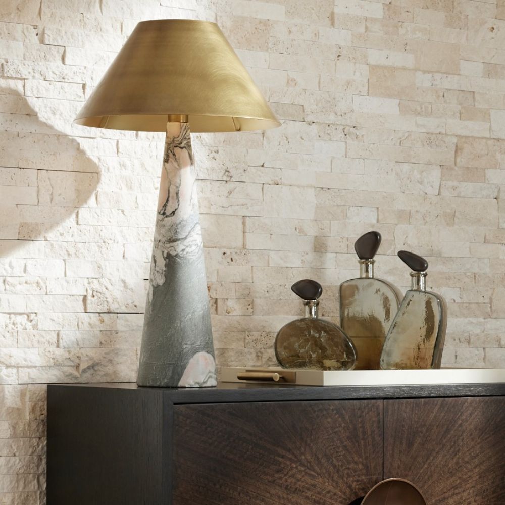 Marais Table Lamp with Calacatta Viola marble base and antique brass shade—30.5" sculptural accent lighting by Rachel Blindauer