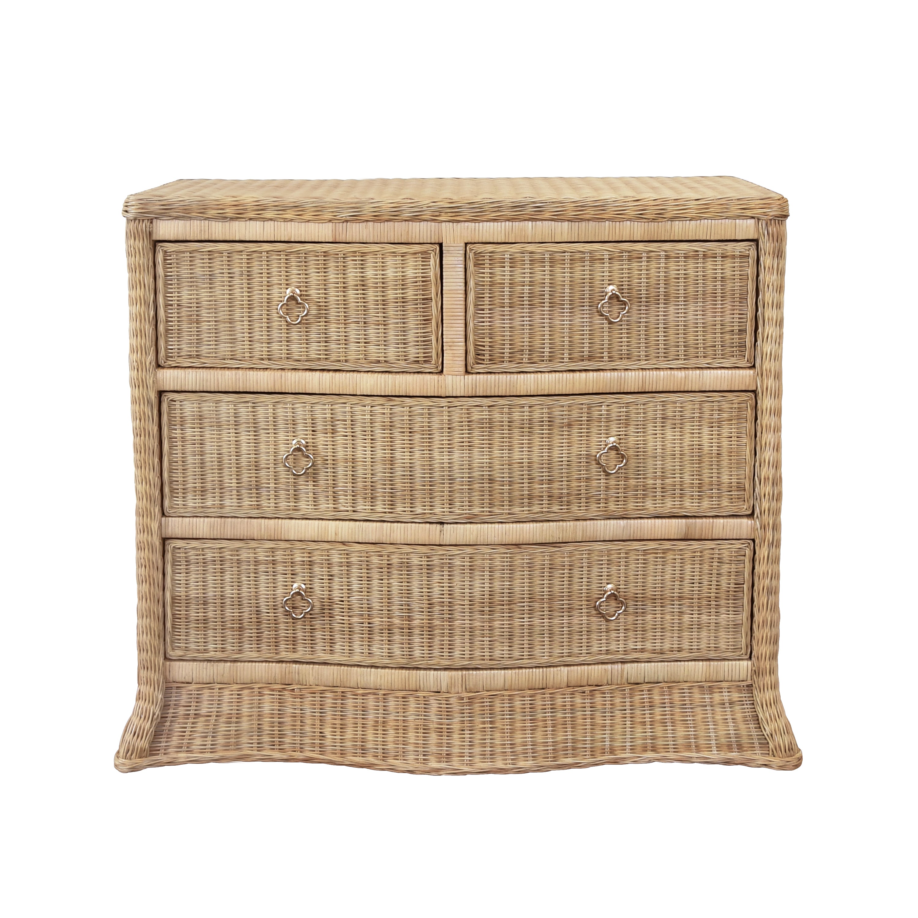 Woven rattan chest with four drawers, light wood frame, and satin brass pulls, ideal for bedroom, entryway, or coastal-inspired interiors.
