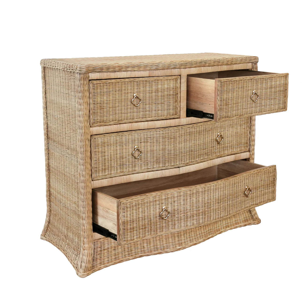 Woven rattan chest with four drawers, light wood frame, and satin brass pulls, ideal for bedroom, entryway, or coastal-inspired interiors.