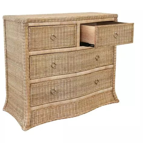 Woven rattan chest with four drawers, light wood frame, and satin brass pulls, ideal for bedroom, entryway, or coastal-inspired interiors.
