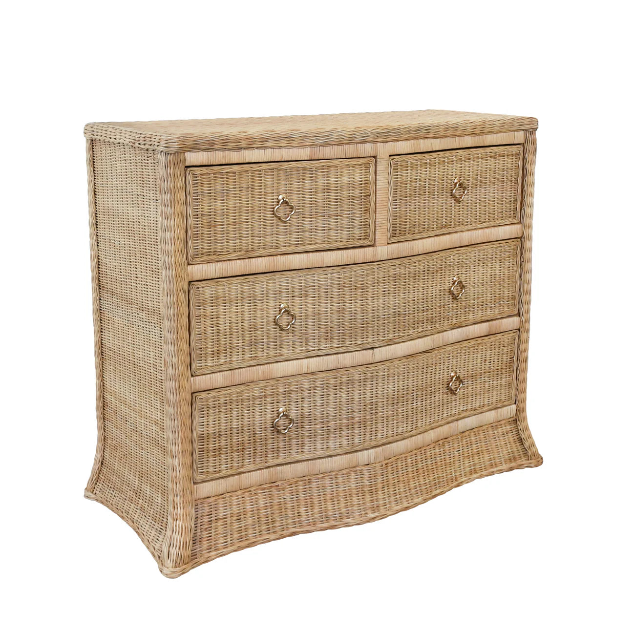 Woven rattan chest with four drawers, light wood frame, and satin brass pulls, ideal for bedroom, entryway, or coastal-inspired interiors.