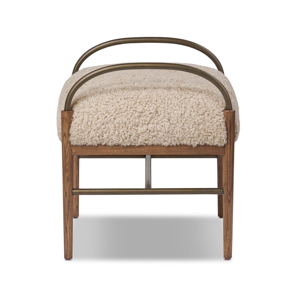 Stool with wooden frame and sheepskin cushion on a white background