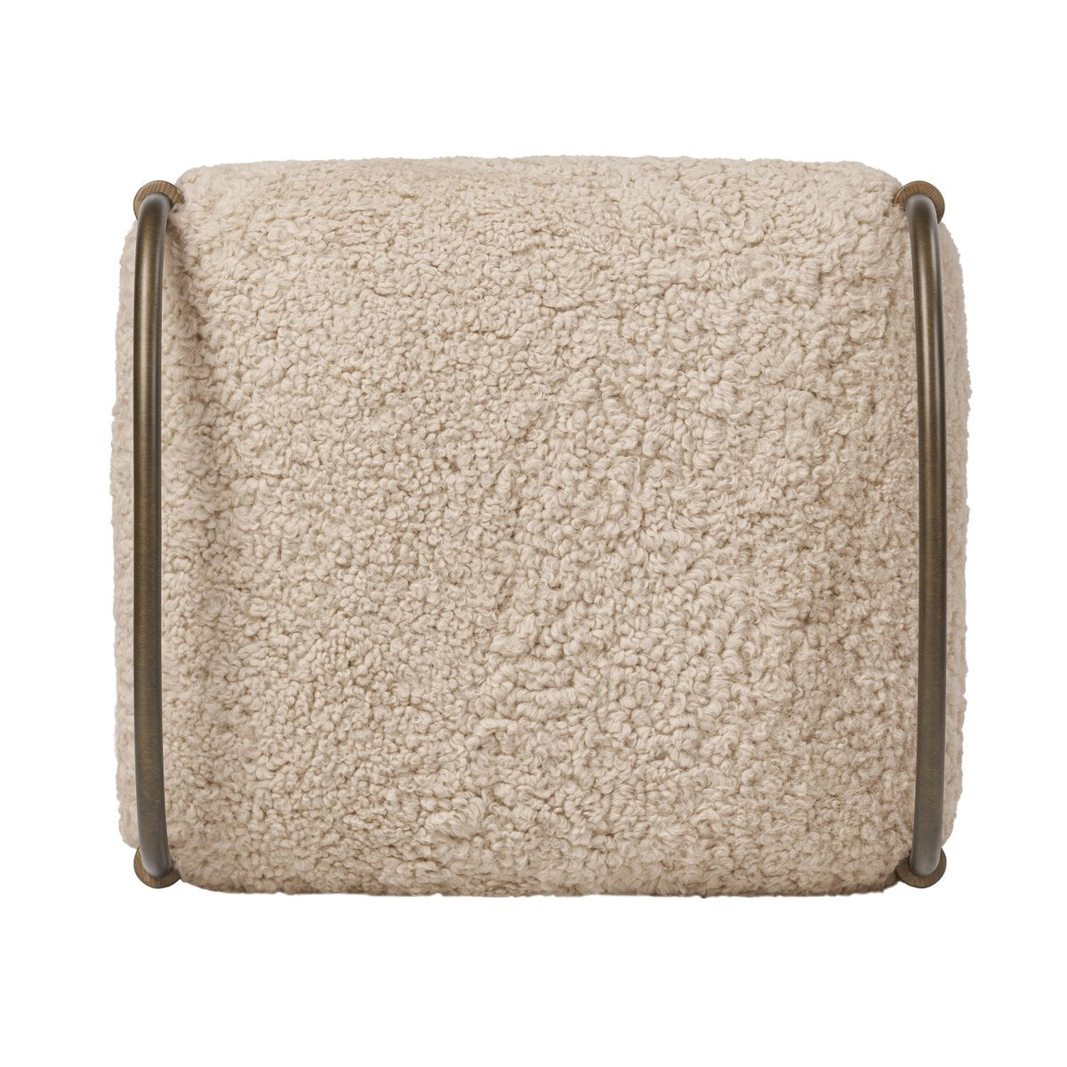 Beige textured shearling stool cushion with metal and wood structure on a white background