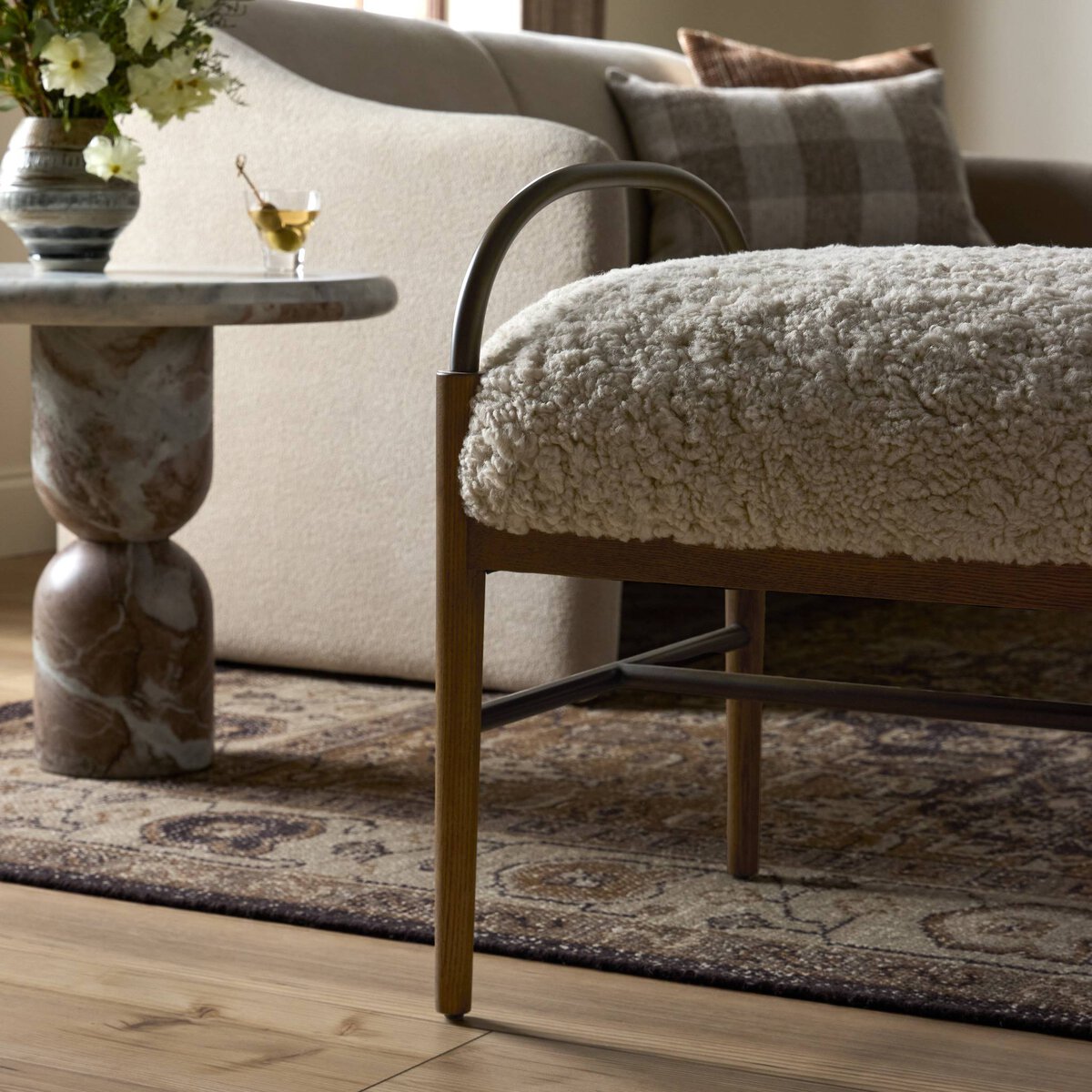 Margot ivory boucle curved stool with modern lines – Rachel Blindauer