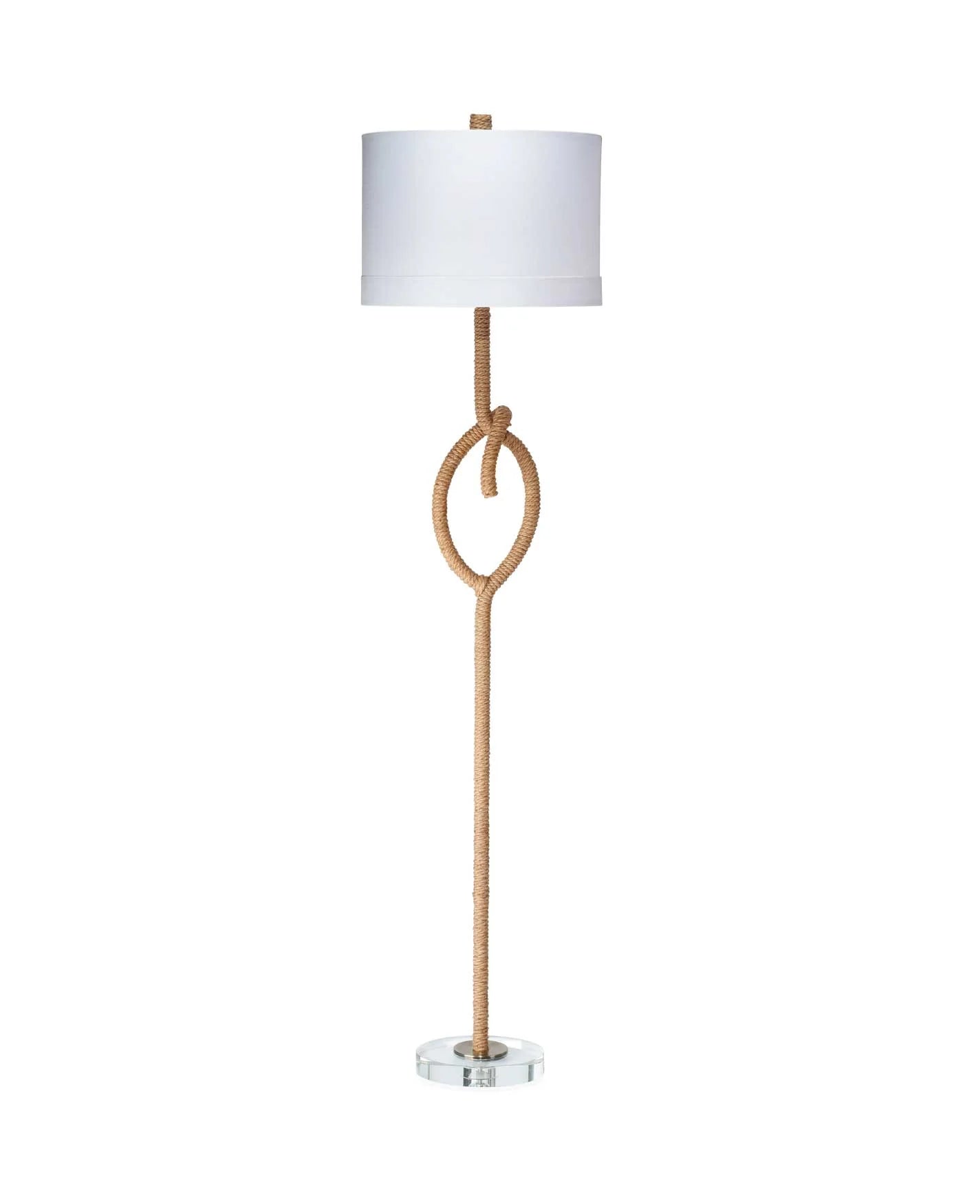 Tall rope-wrapped floor lamp with sculptural knot, clear acrylic base, and white linen shade—perfect for coastal-inspired interiors.