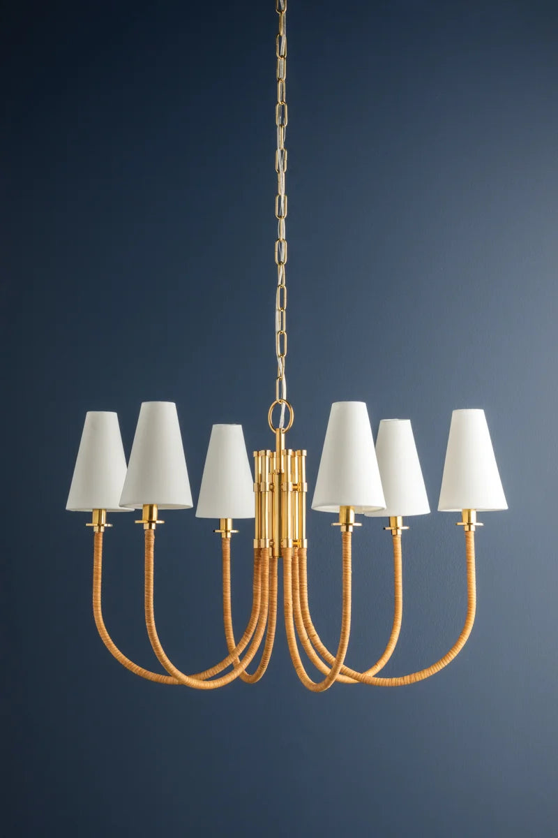 Marais Brass Chandelier with Sculptural Frame, handwoven rattan and white shades – Rachel Blindauer