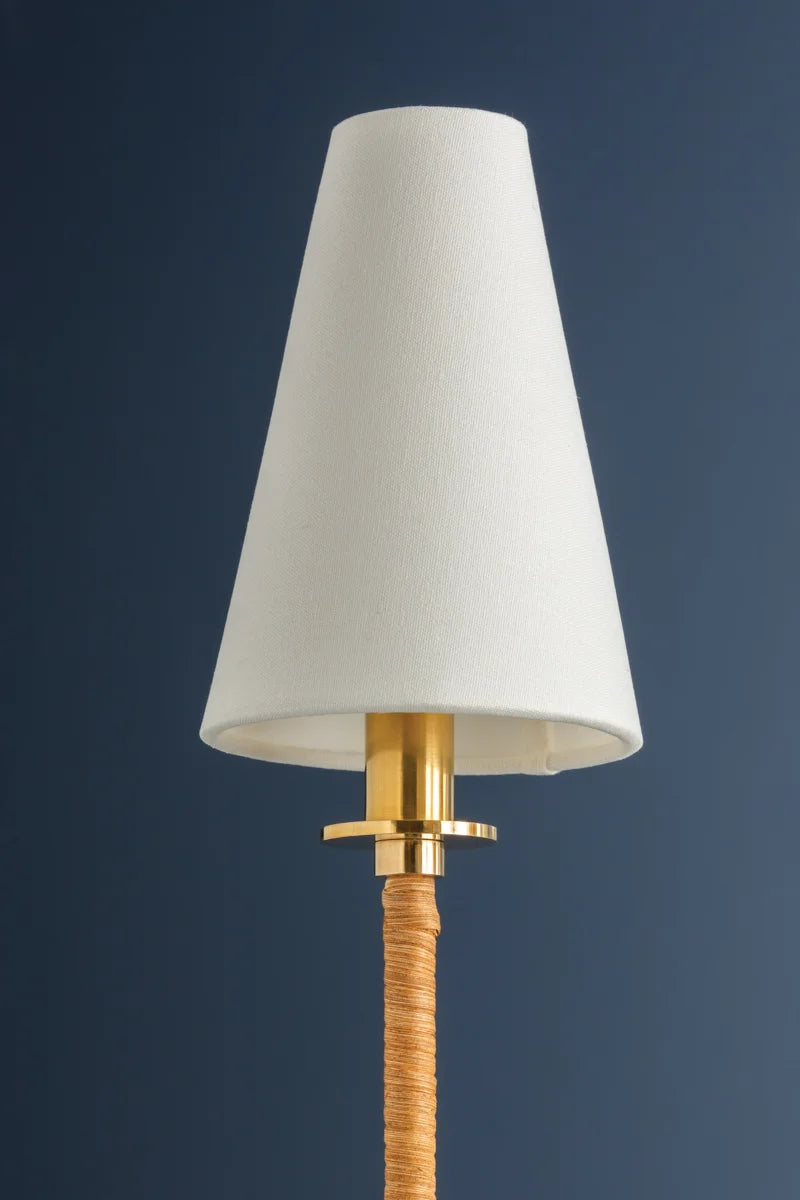 Chandelier white shade, gold brass structure against a blue background