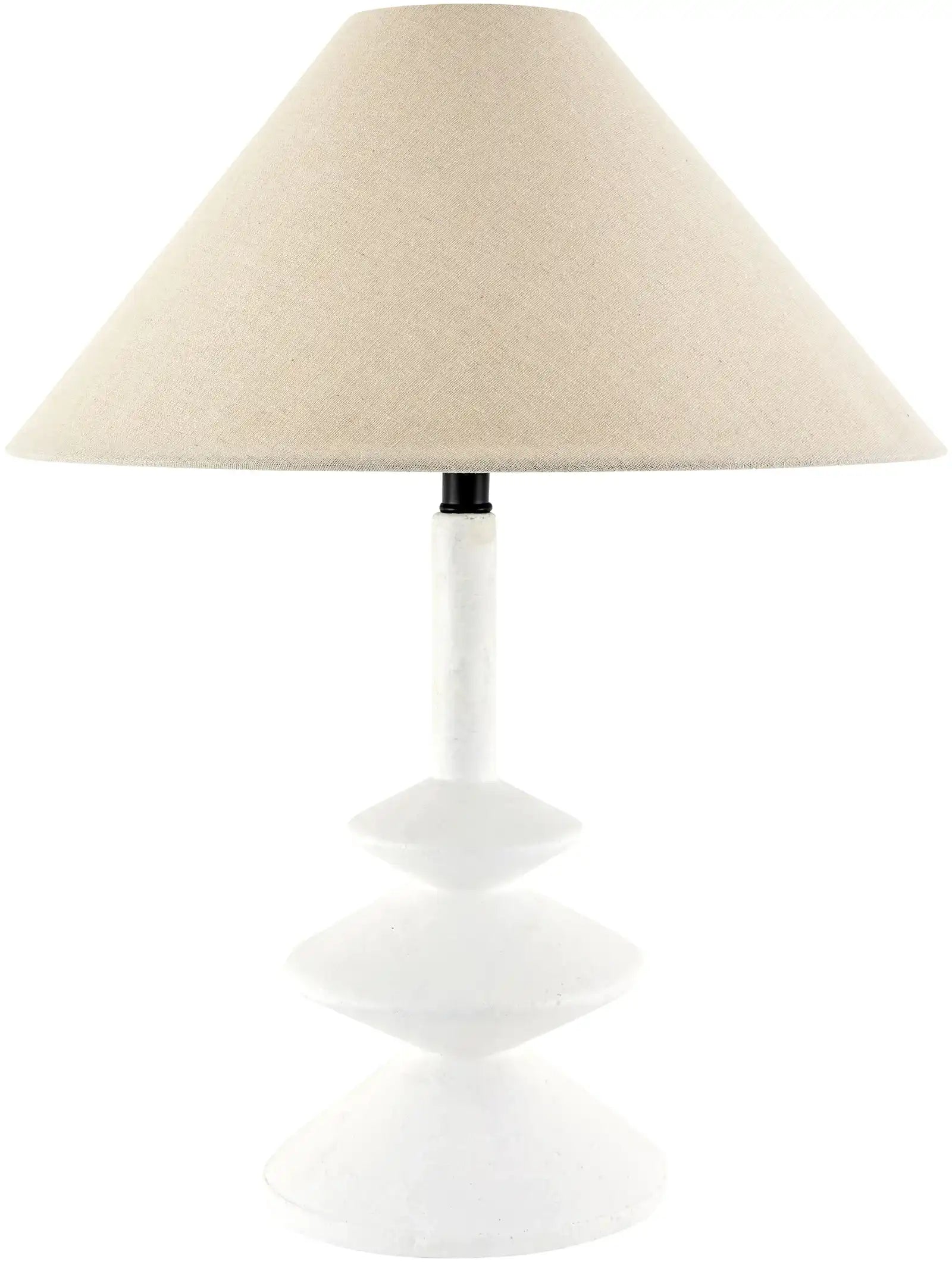 Antiqued table lamp with slender tapered silhouette and white cotton drum shade