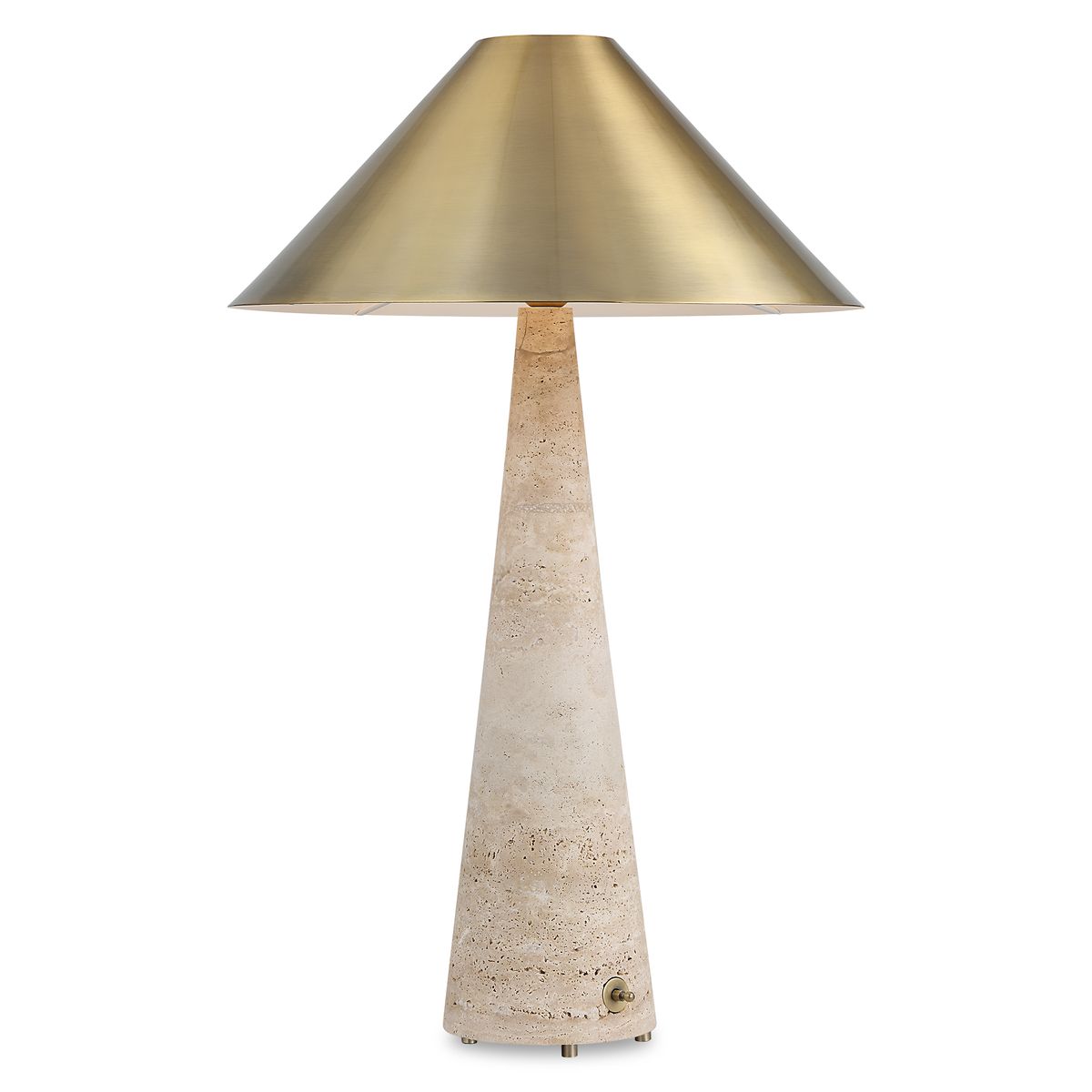 Monolith Table Lamp with honed beige travertine base and antique brass tapered shade, combining sculptural form with ambient lighting