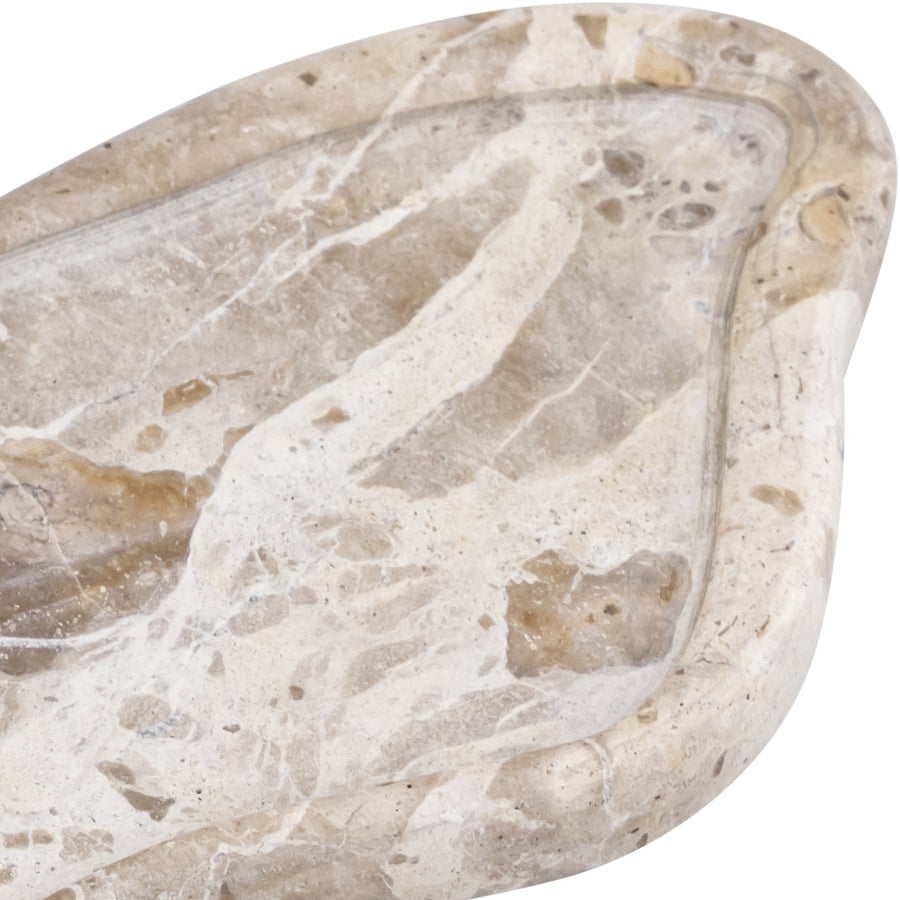 Forma Marble Curve Tray detail — hand-finished edge and natural marble texture of curved catchall tray by Rachel Blindauer
