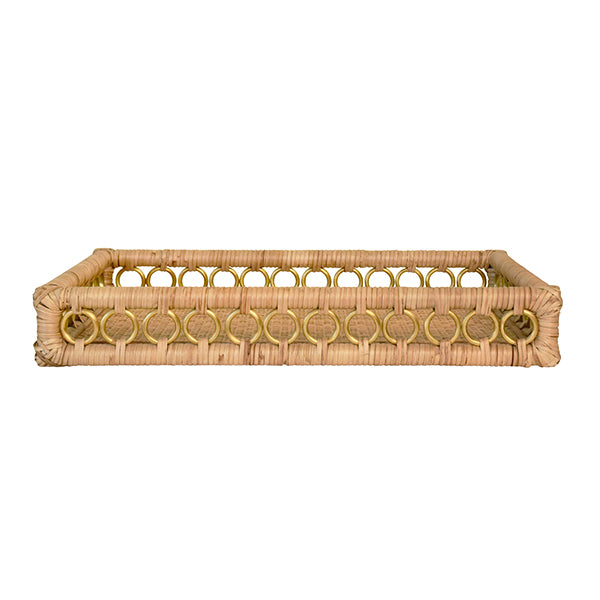 Rectangular rattan catchall tray with brass ring handles—ideal for styling coffee tables, organizing entryways, or serving drinks.
