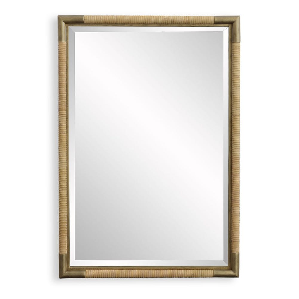 Rectangular rattan and gold framed vanity mirror with handwoven detail – Rachel Blindauer