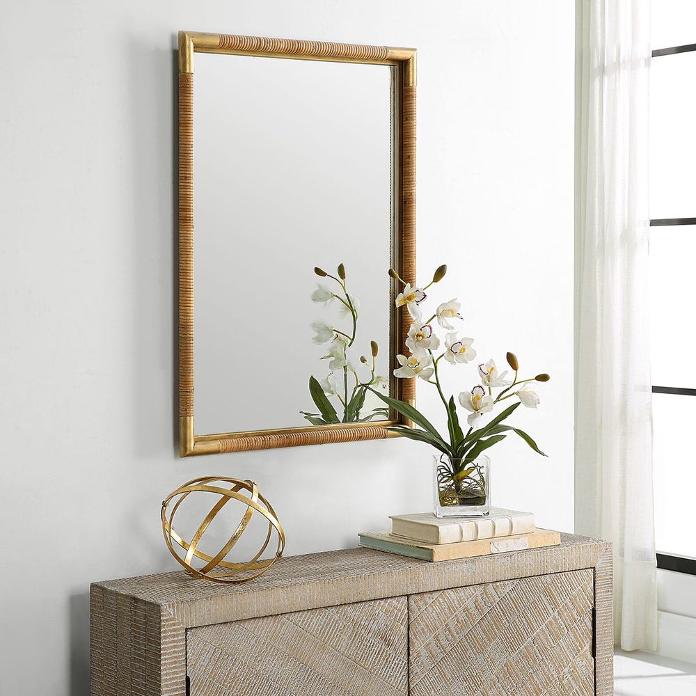 Rectangular rattan and gold framed vanity mirror with handwoven detail – Rachel Blindauer