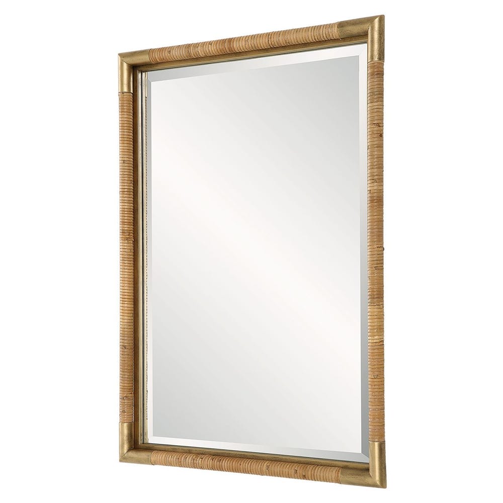 Rectangular rattan and gold framed vanity mirror with handwoven detail – Rachel Blindauer