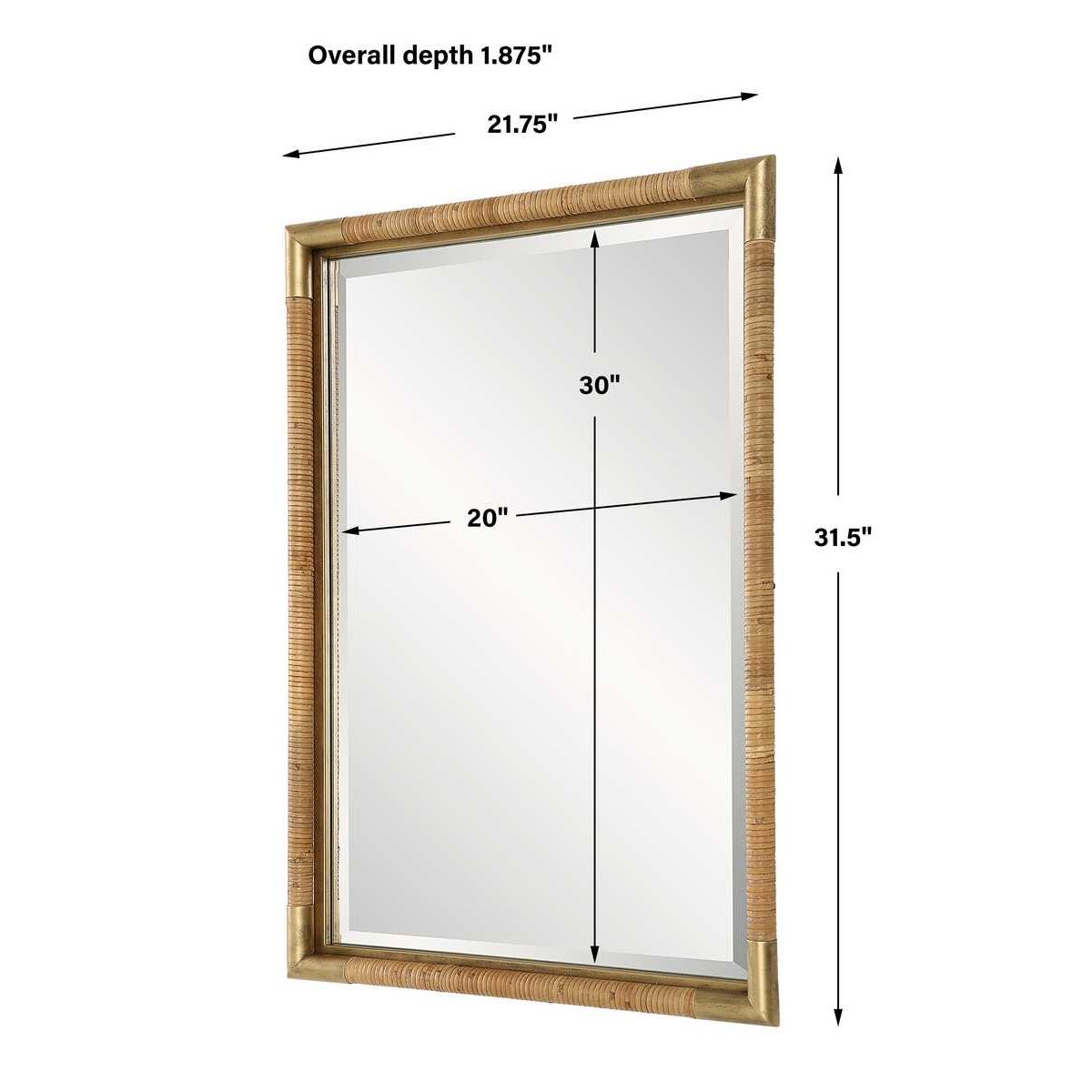 Rectangular rattan and gold framed vanity mirror with handwoven mirror with dimensions labeled on a white background