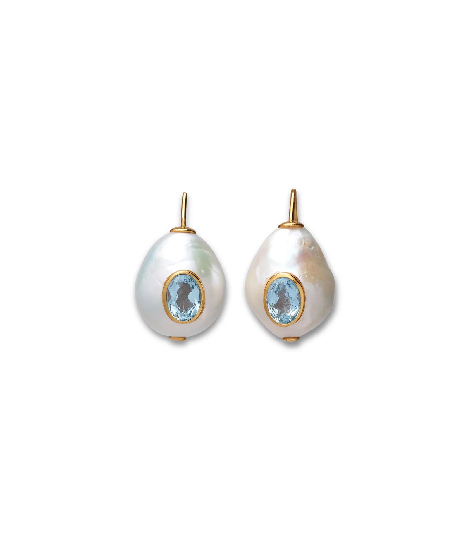 Gold-plated drop earrings with baroque freshwater pearls and faceted blue topaz accents