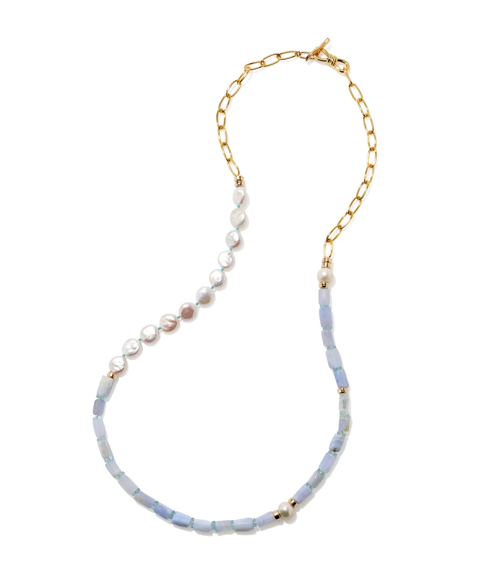 Blue lace agate and freshwater pearl strand necklace with gold-plated accents, 35-inch layering style