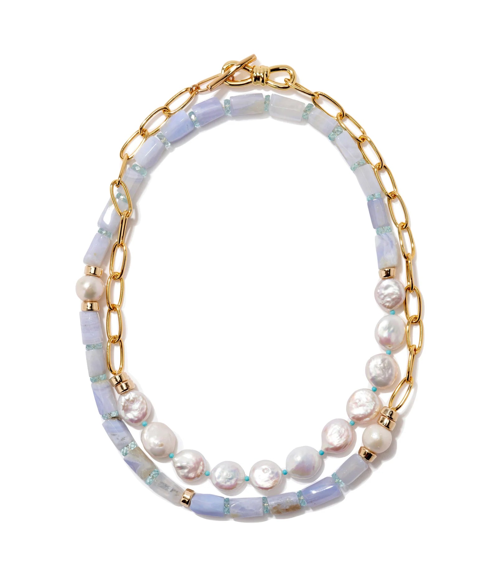 Blue lace agate and freshwater pearl strand necklace with gold-plated accents, 35-inch layering style
