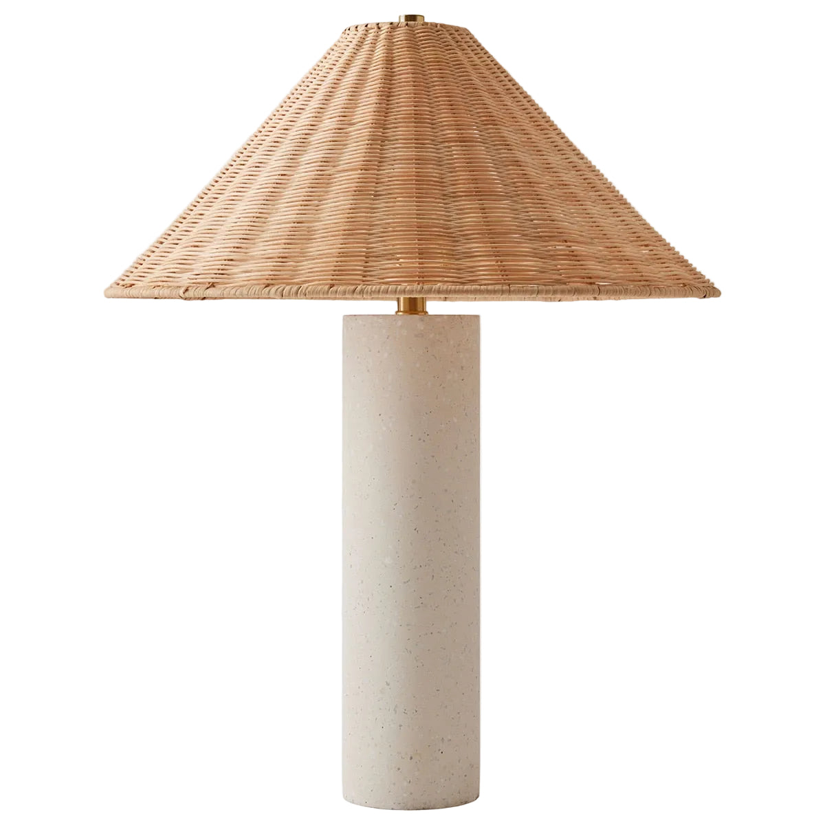 Positano Terrazzo Table Lamp — speckled terrazzo base with woven rattan shade and brass details, by Rachel Blindauer