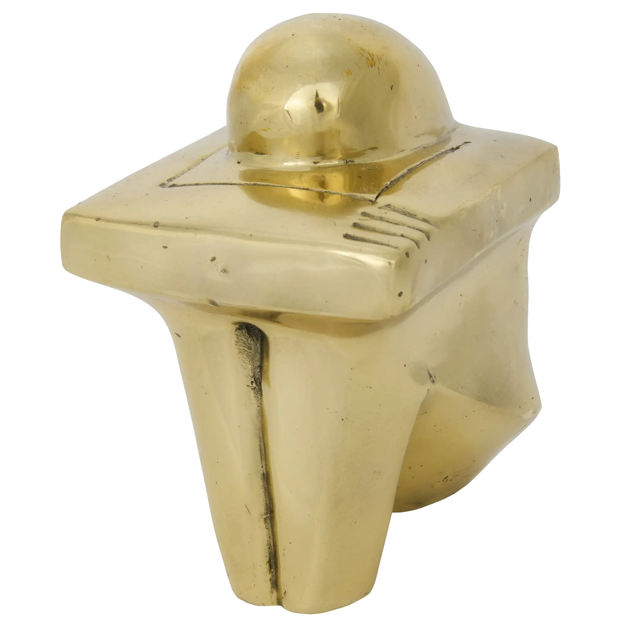 Handcrafted brass figurine in seated reflective pose, with antique finish and sculptural modern design.