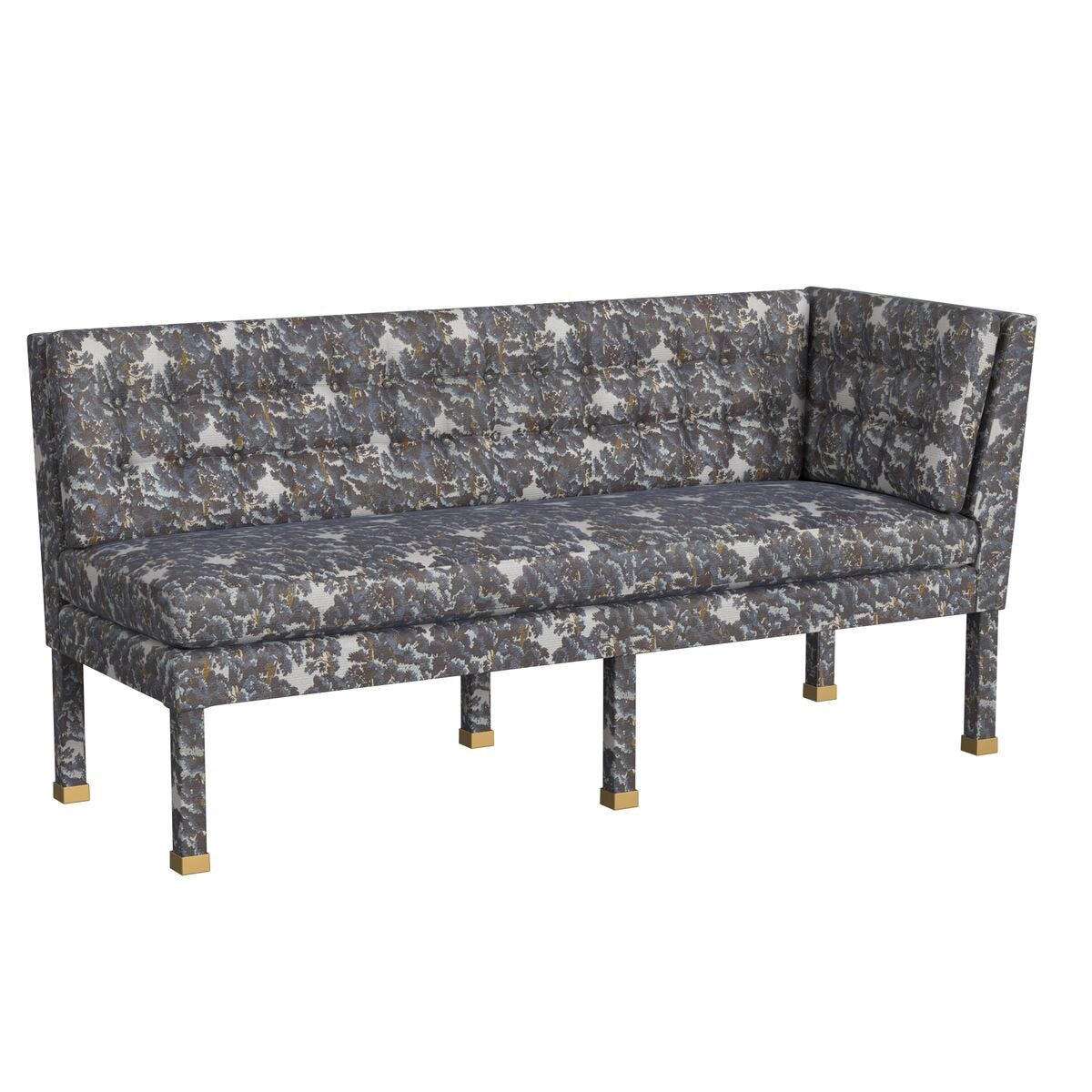 Rosalind Tufted Banquette in Blue Tapestry, left corner — by Rachel Blindauer