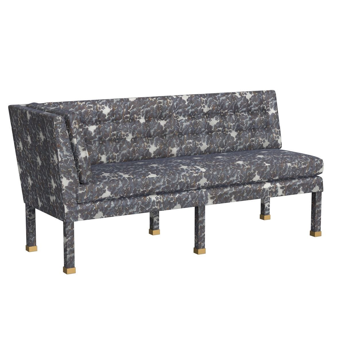 Rosalind Tufted Banquette in Blue Tapestry, right corner — by Rachel Blindauer