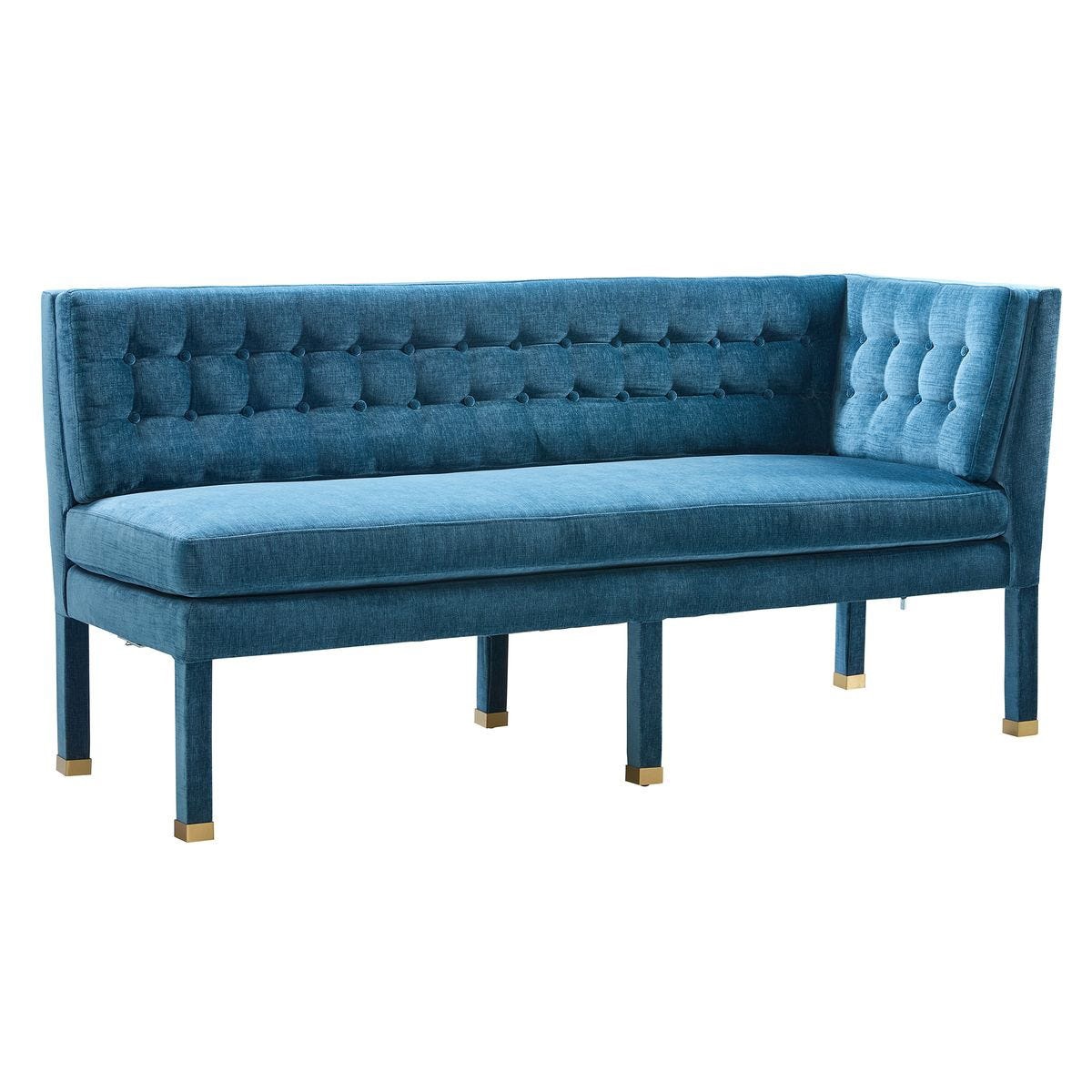 Rosalind Tufted Banquette in Navy Velvet, left corner — by Rachel Blindauer