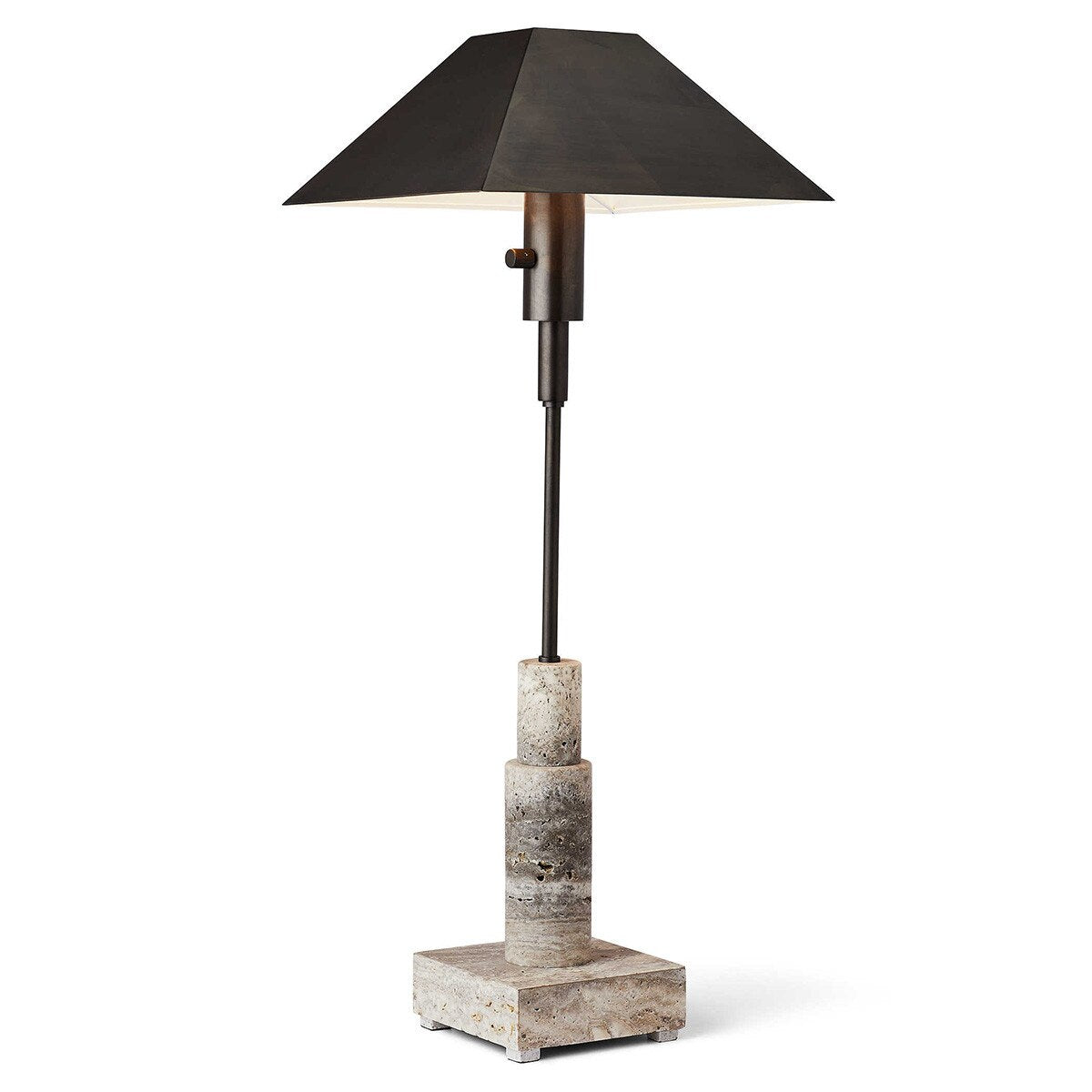 Sable Travertine Buffet Lamp with bronze finish steel body and metal shade