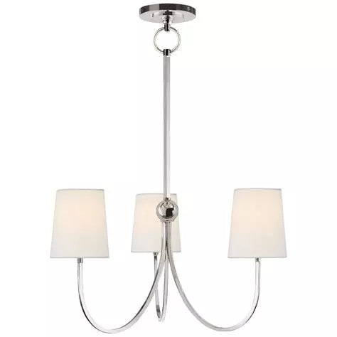 Small brass or nickel chandelier with linen shades and faceted arms, designed for entryways, dining rooms, or layered lighting.