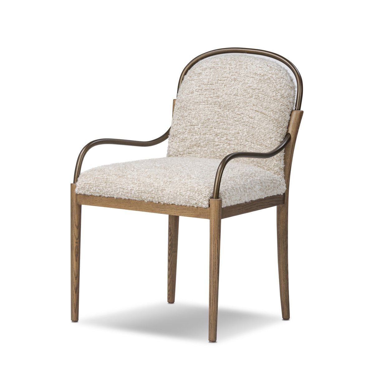Curved upholstered dining chair textured slubby off white performance fabric with ash wood legs