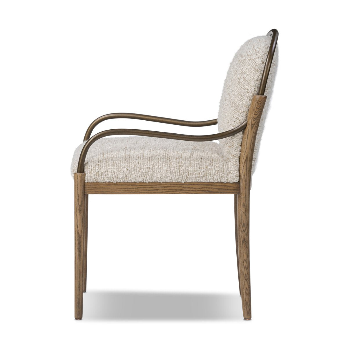 Curved upholstered dining chair textured slubby off white performance fabric with ash wood legs