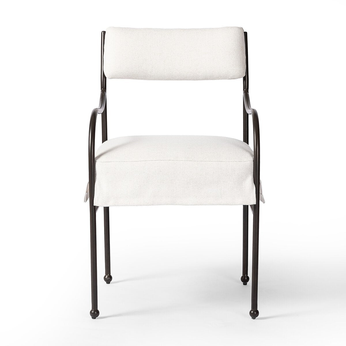 Sculptural outdoor dining chair with curved matte gunmetal frame and linen-toned all-weather weave, styled for refined alfresco dining.