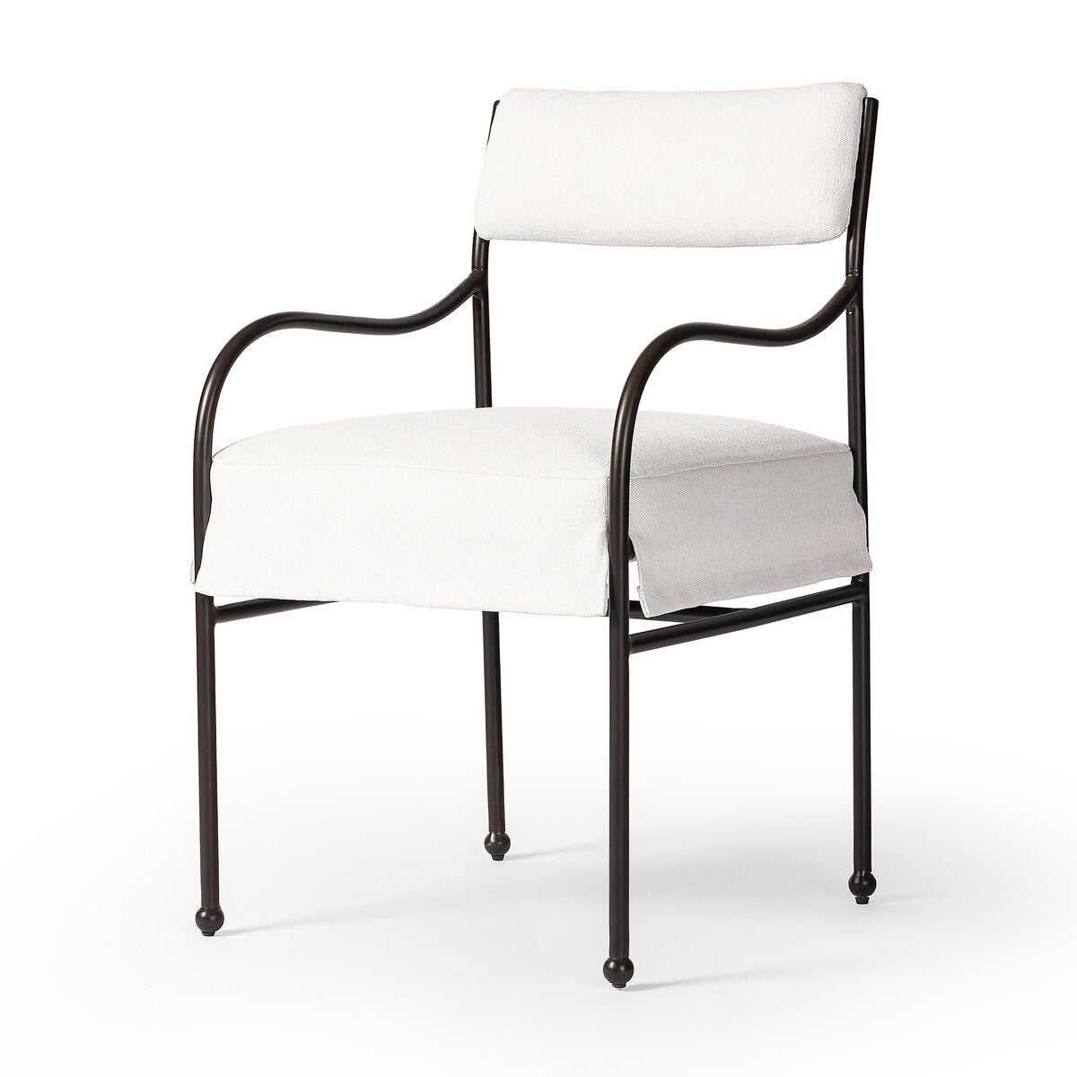 Sculptural outdoor dining chair with curved matte gunmetal frame and linen-toned all-weather weave, styled for refined alfresco dining.