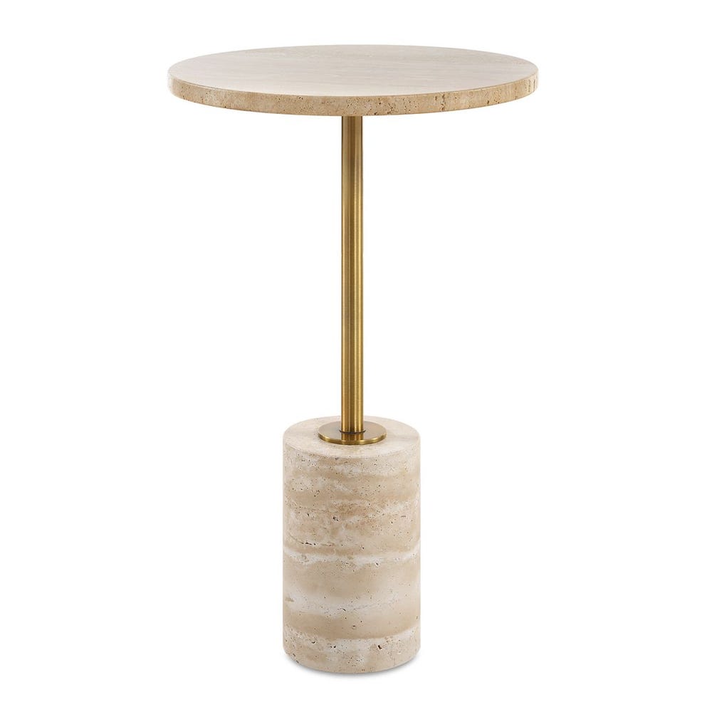 Sculptural travertine and brass pedestal table with creamy stone top and slim metal base—ideal as a drink table or side table.