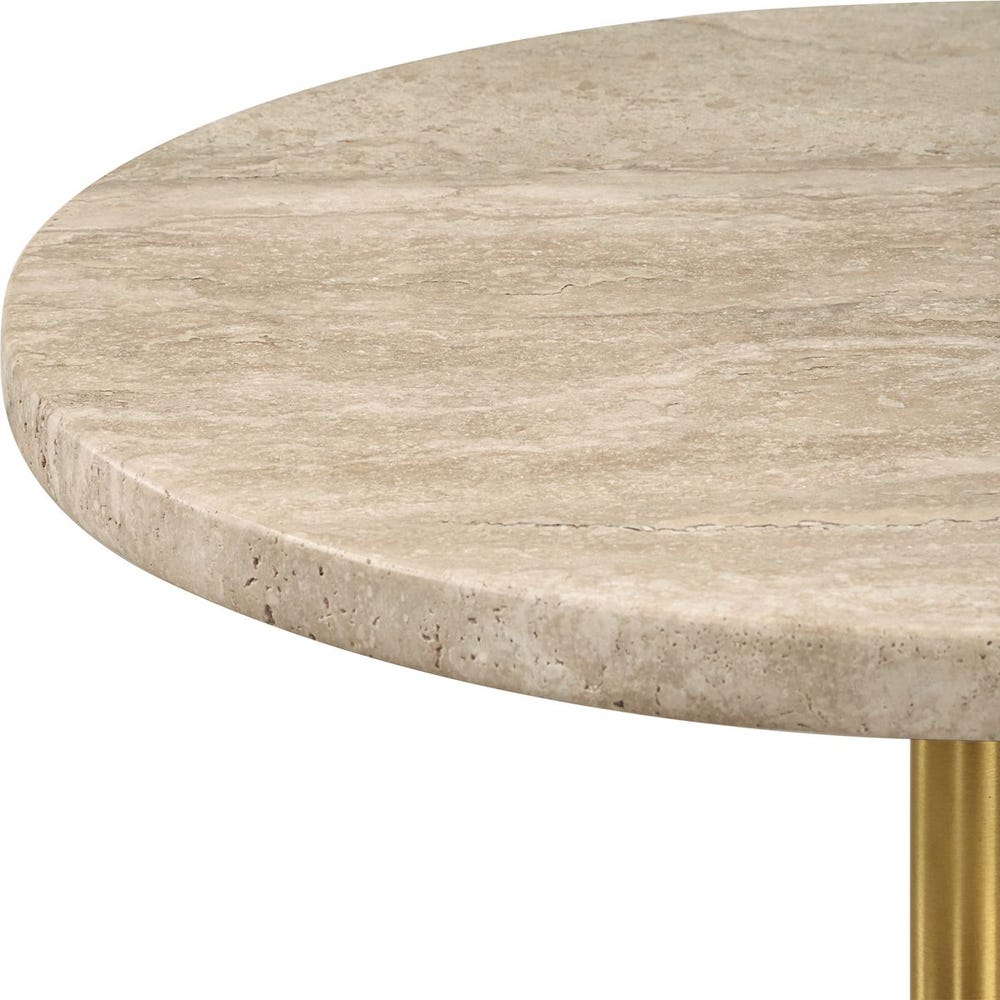 Sculptural travertine and brass pedestal table with creamy stone top and slim metal base—ideal as a drink table or side table.