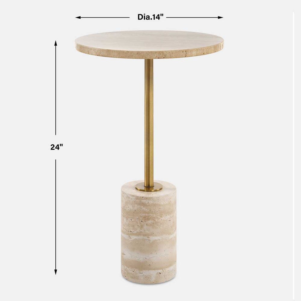 Small round travertine table with brass/gold leg and measurements on a white background
