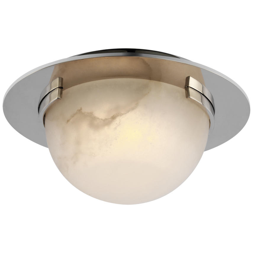 Petite round alabaster flush mount ceiling light with polished brass trim, emitting soft LED glow through natural stone veining.