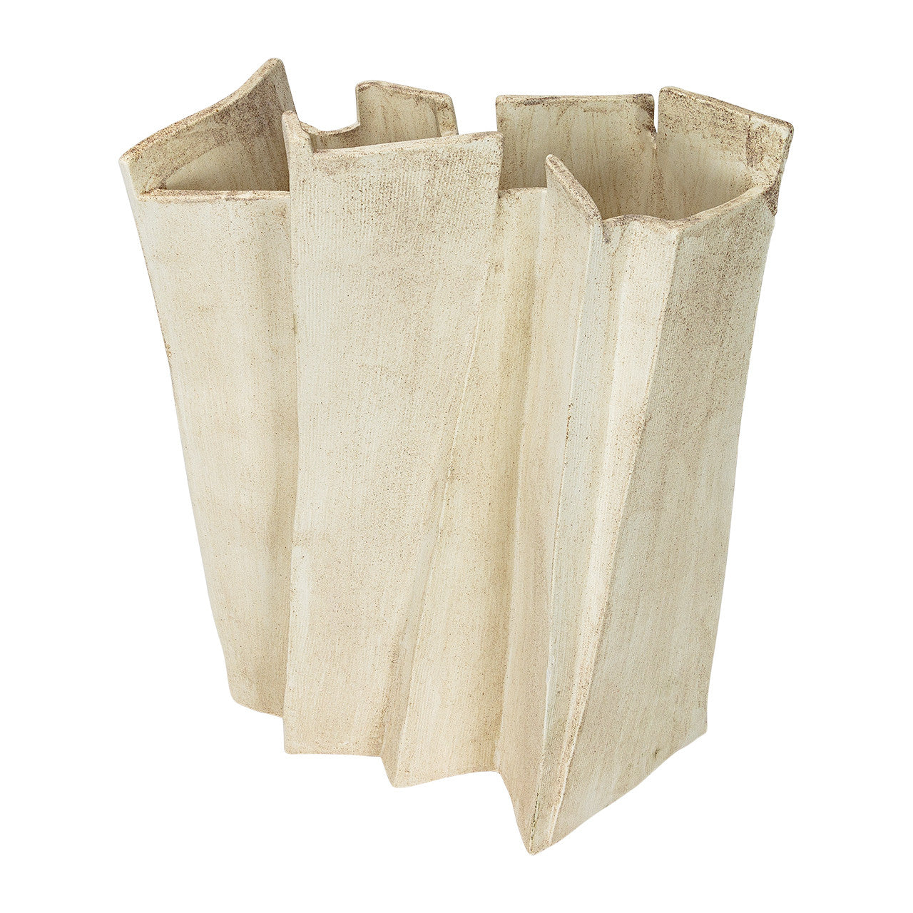 Modern sculptural vase in matte beige porcelain with folded ridges and rectangular form, styled as a standalone accent or with dried branches in minimalist interiors.