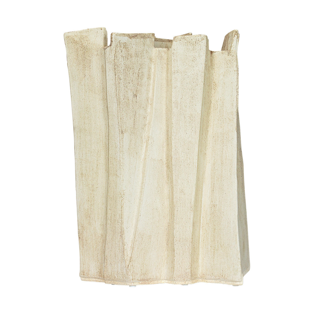 Modern sculptural vase in matte beige porcelain with folded ridges and rectangular form, styled as a standalone accent or with dried branches in minimalist interiors.