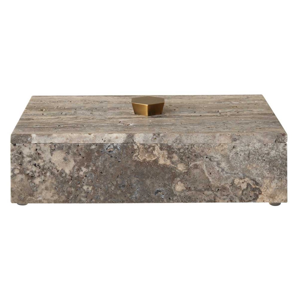 Gray travertine keepsake box with bronze lift-off lid, artisan-crafted and one-of-a-kind.