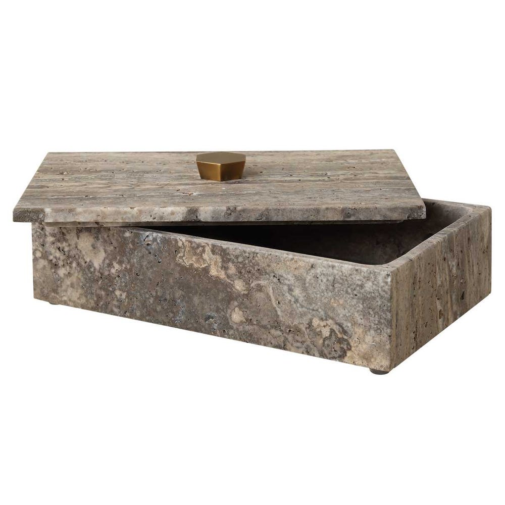 Gray travertine keepsake box with bronze lift-off lid, artisan-crafted and one-of-a-kind.