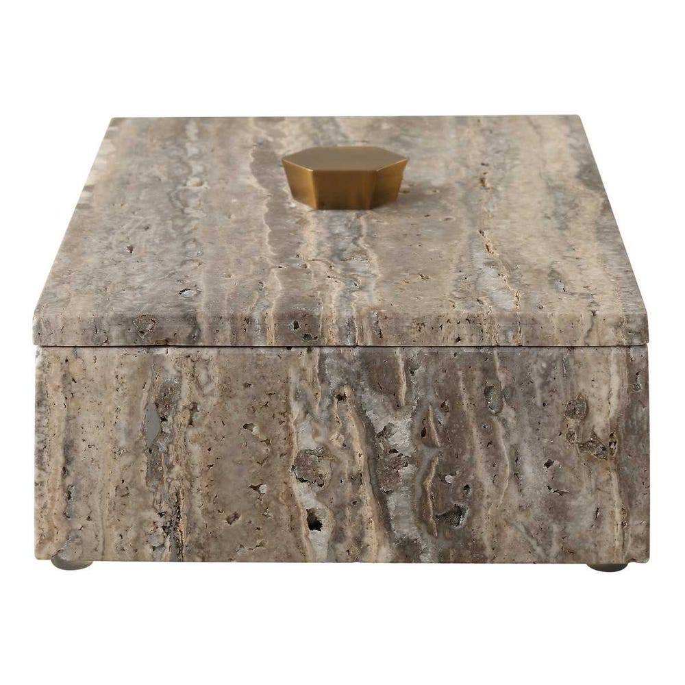 Gray travertine keepsake box with bronze lift-off lid, artisan-crafted and one-of-a-kind.