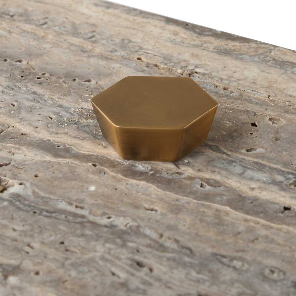 Gray travertine keepsake box with bronze lift-off lid, artisan-crafted and one-of-a-kind.